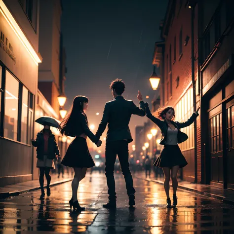 Group of 3 people dancing in the rain, nice face, anime style, dark sky, colorful lights on the street, 4k quality, 9:16,