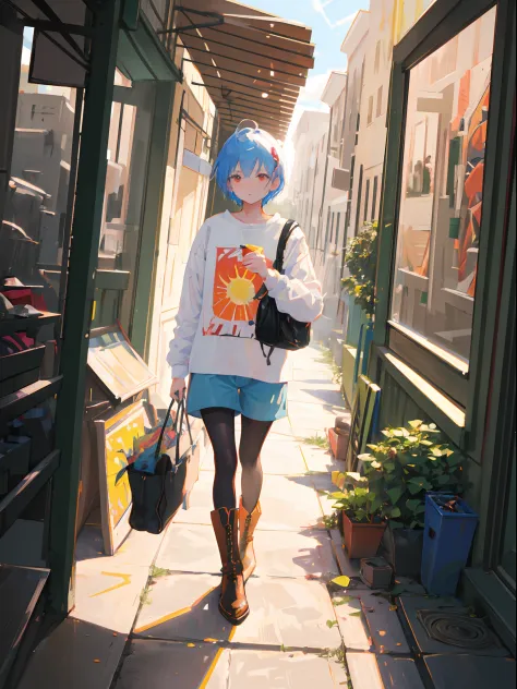 1girl, short blue hair, red eyes, wearing shirt dirty with paint, artist's shorts, leather high heel shoes boots, black pantyhose, she's drawing the scene, the world is chaotic, she's on the right side of the screen, she is messed up, high top view angle, ...