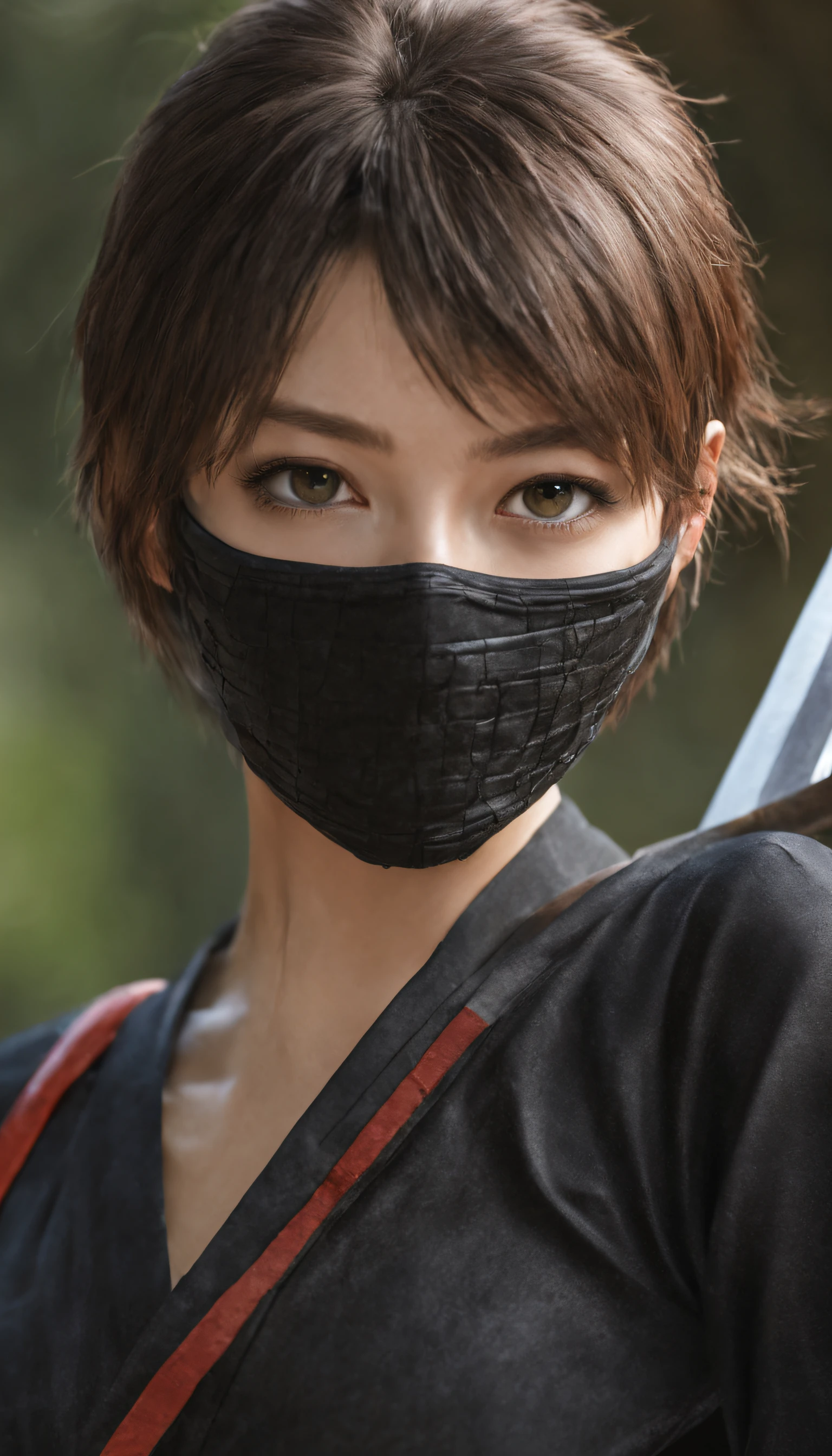 (Photorealistic, masutepiece, Best Quality, Raw photo), 1 female ninja, Wear a ninja suit, Ninja sword gloves, full body Esbian, Smile with visible perfect teeth, Detailed beautiful eyes and face, Realistic and detailed skin texture, Natural sunlight、Shorthair