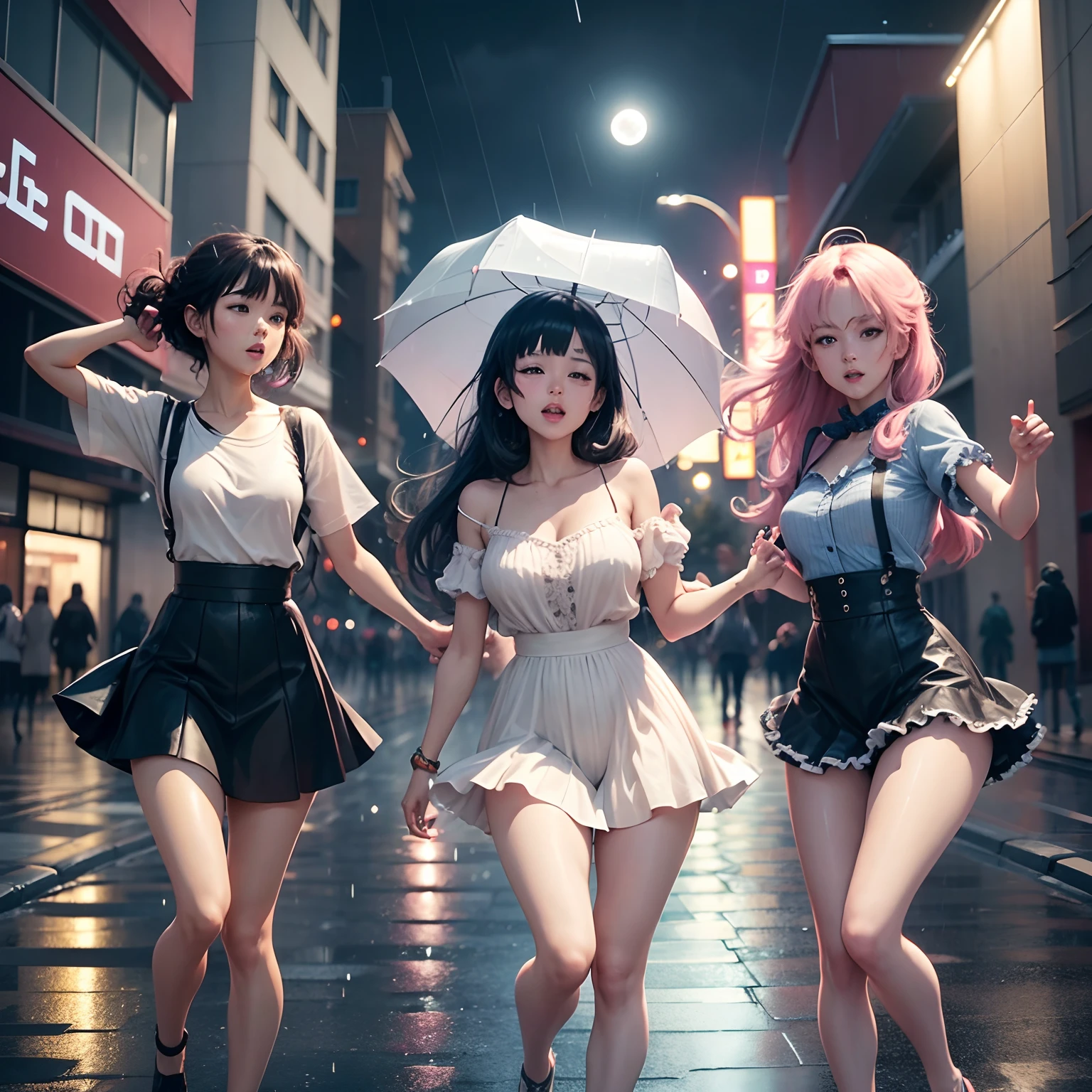 Group of 3 people dancing in the rain, anime style, The moon is full and very bright, colorful lights on the street, 4k quality, video time 14 seconds