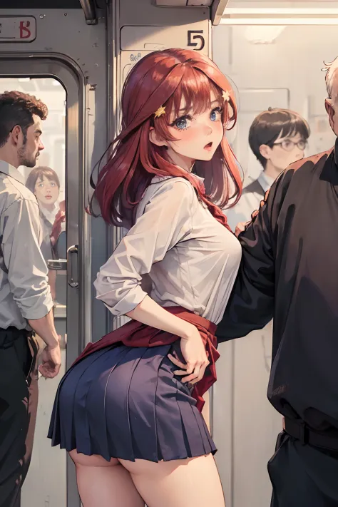 NSFW, realistic, masterpiece, VERY crowded subway train interior detailed scenario, VERY crowded subway train interior detailed background, standing insanely hot (woman 1) using sexy ((school uniform)), (((lifted skirt)), (big ass), (thick thigths), (fear ...