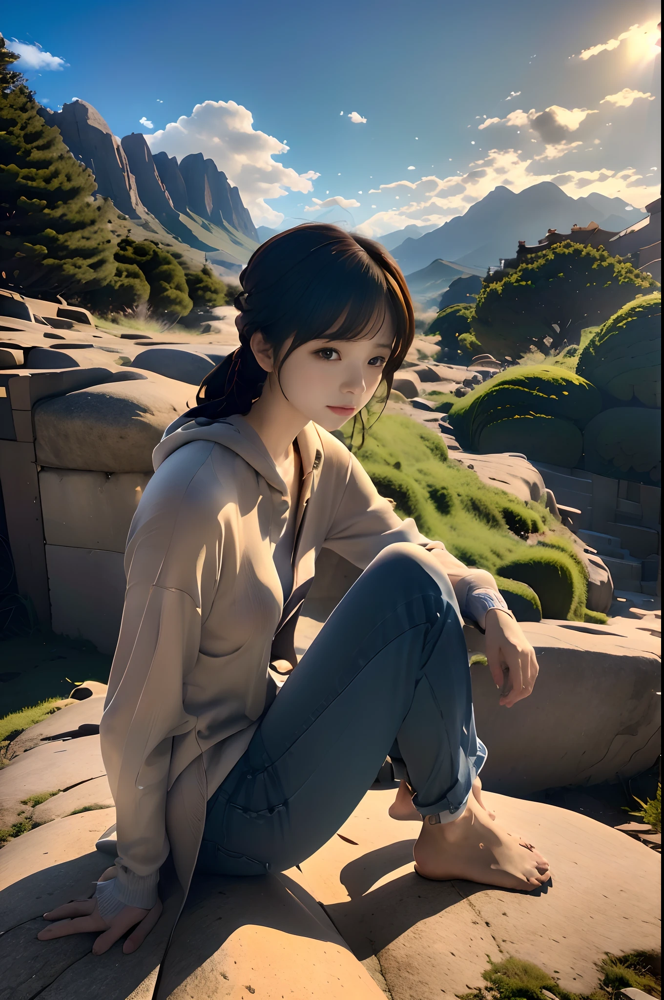 top-quality、masuter piece、ultra-detailliert、8ｋ、独奏、(((Girl sitting on a huge rock looking at the sky、up looking_Away:1.2、Looking at the sky)))、from behind、Beanie、Greyprint Hoodie、Straight Old Denim、damage jeans、Trekking Shoes、backpacker、evening、Sunset、blurry backround:1.5、plein air、Mountains of the Andes々々々、Orange sky、Scaly clouds