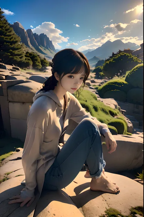 top-quality、masuter piece、ultra-detailliert、8ｋ、独奏、(((Girl sitting on a huge rock looking at the sky、up looking_Away:1.2、Looking ...