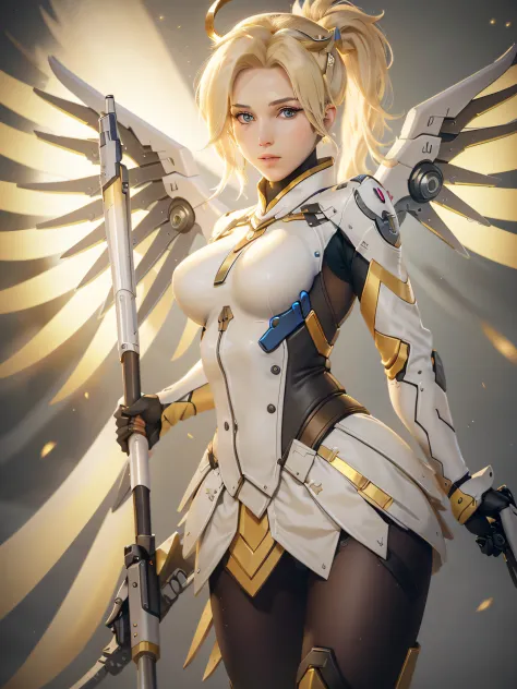 mercyover, 1girl, mercy (overwatch), mechanical wings, mechanical halo, solo, blonde hair, wings, blue eyes, halo, staff, yellow...