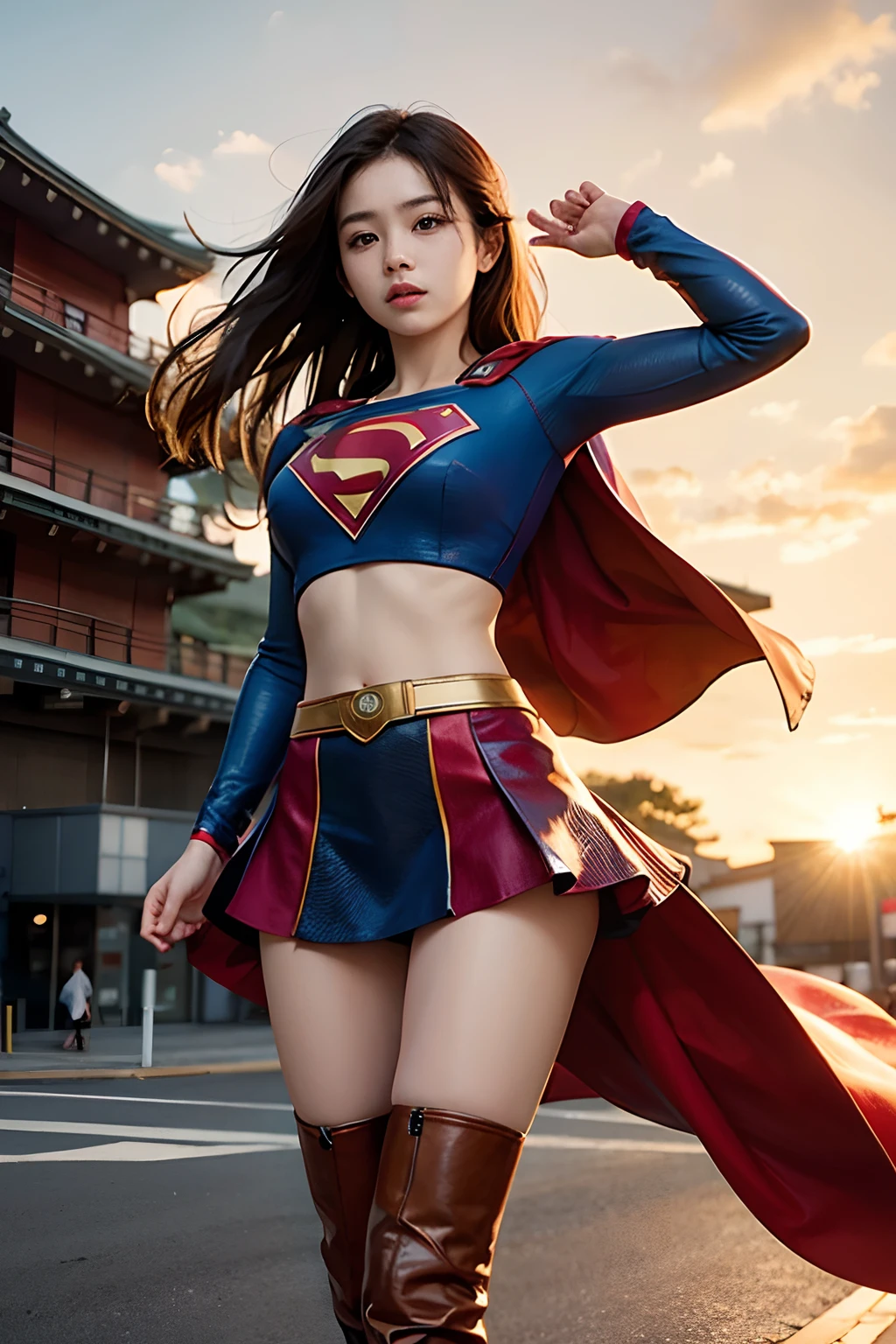 1 girl, solo, long hair, crop top, supergirl, superhero landing, japanese girl, koream girl