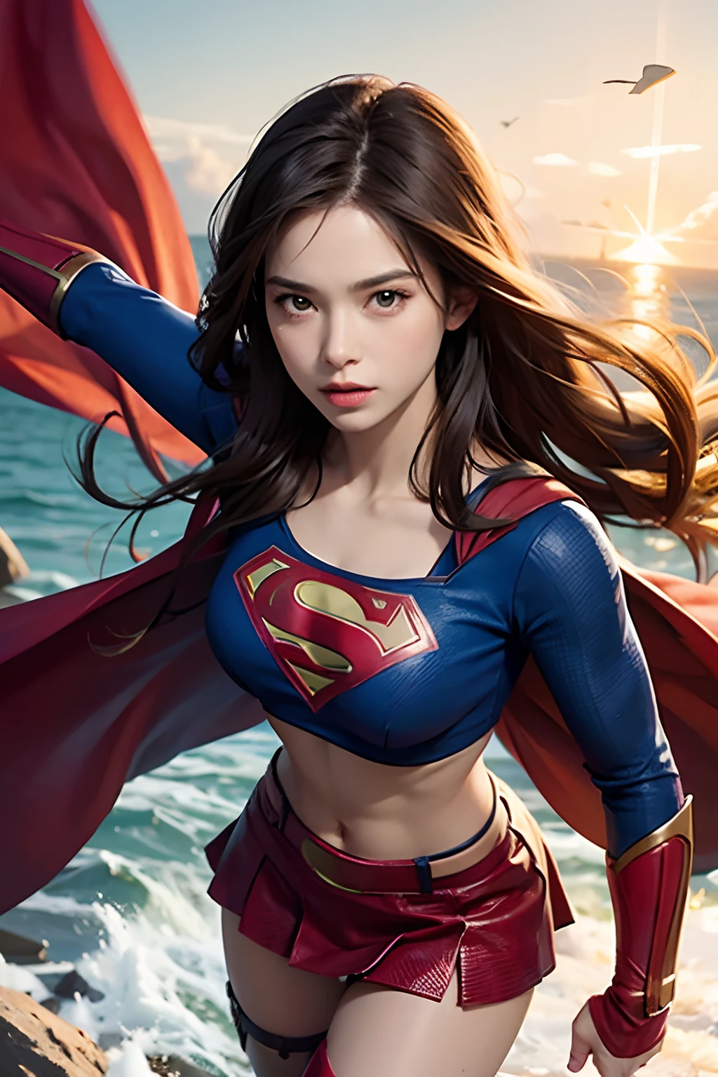 1 girl, solo, long hair, crop top, supergirl, superhero landing, half blood