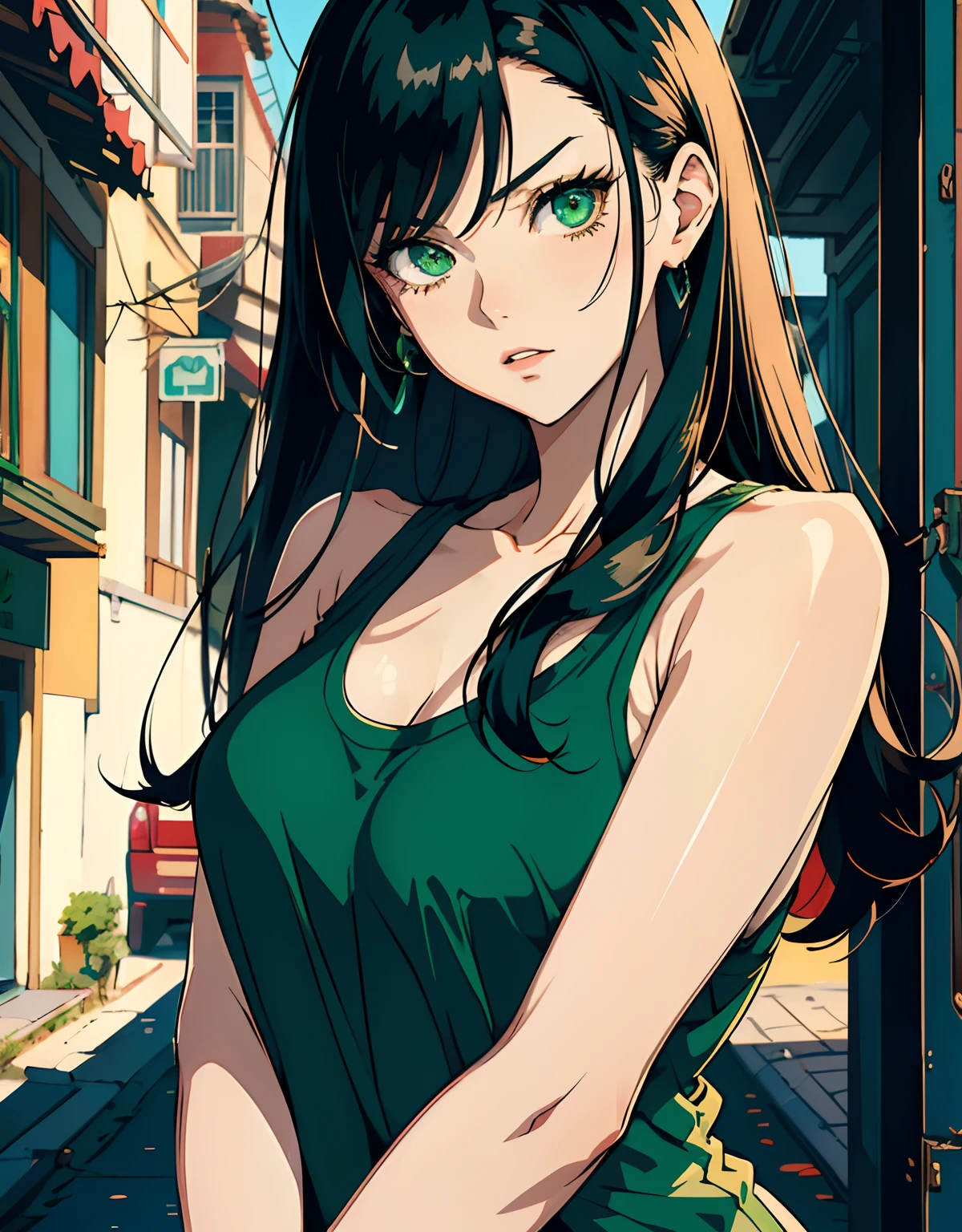 Anime girl in green dress standing in alley with buildings in background -  SeaArt AI