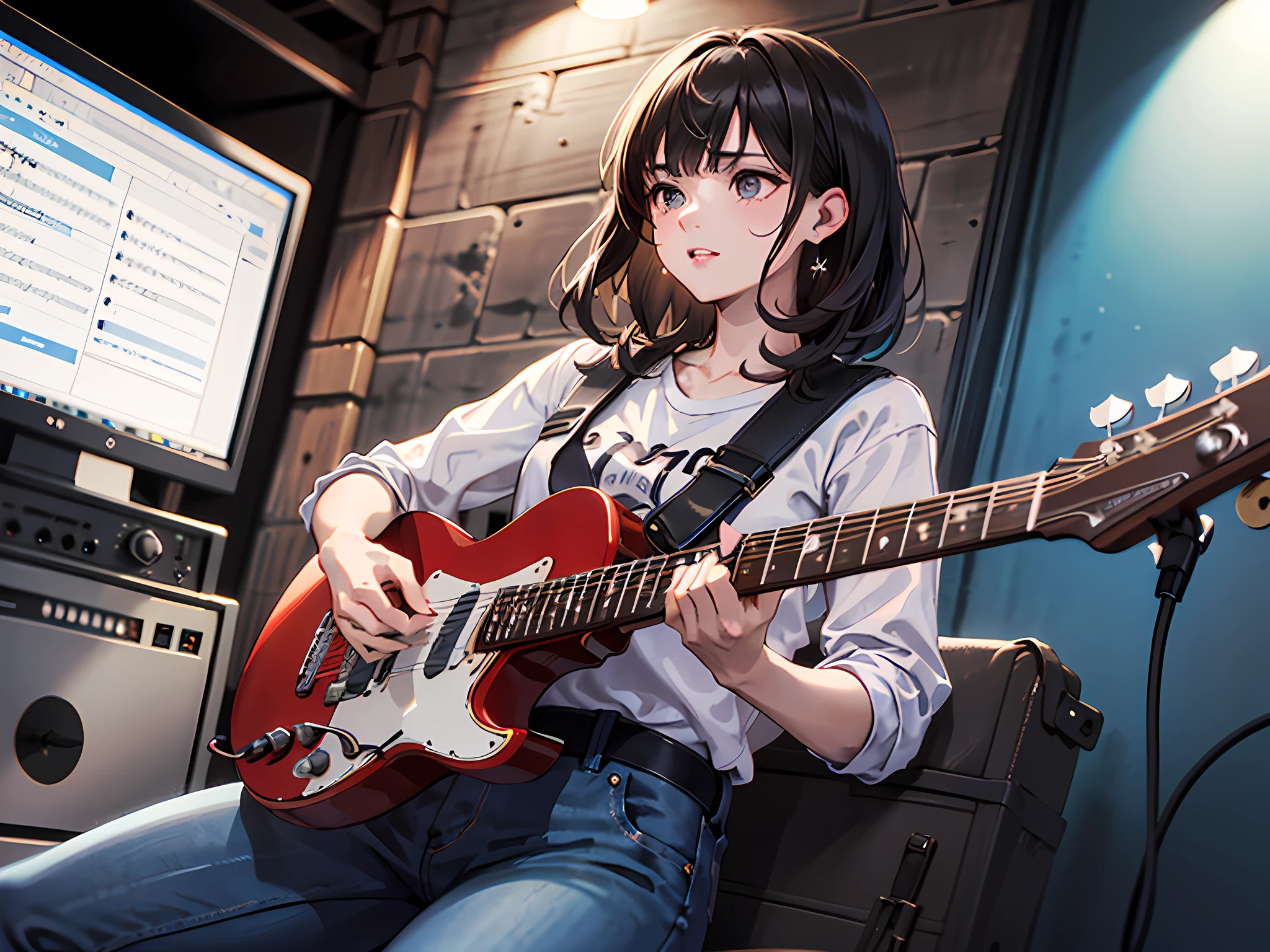 ((masterpiece, Best Quality)) 1 girl in, Alone, black skirt, blue eyes, electric guitar, guitar, headphones, holding up, Holding a barb, instrument, short hair, music, upside down,red reflection dark hair, tocando la guitar, jeans , black shirt, inside