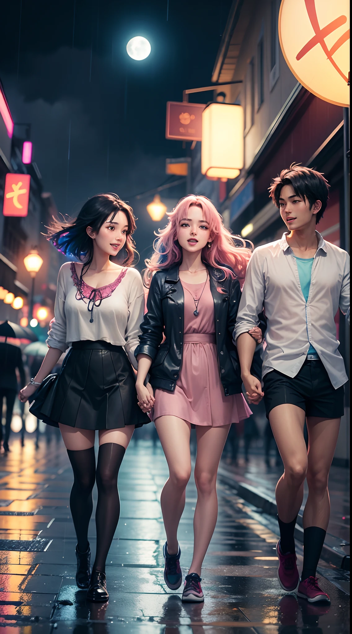 Group of 3 people dancing in the rain, nice face, anime style, hand holding a moon, colorful lights on the street, 4k quality