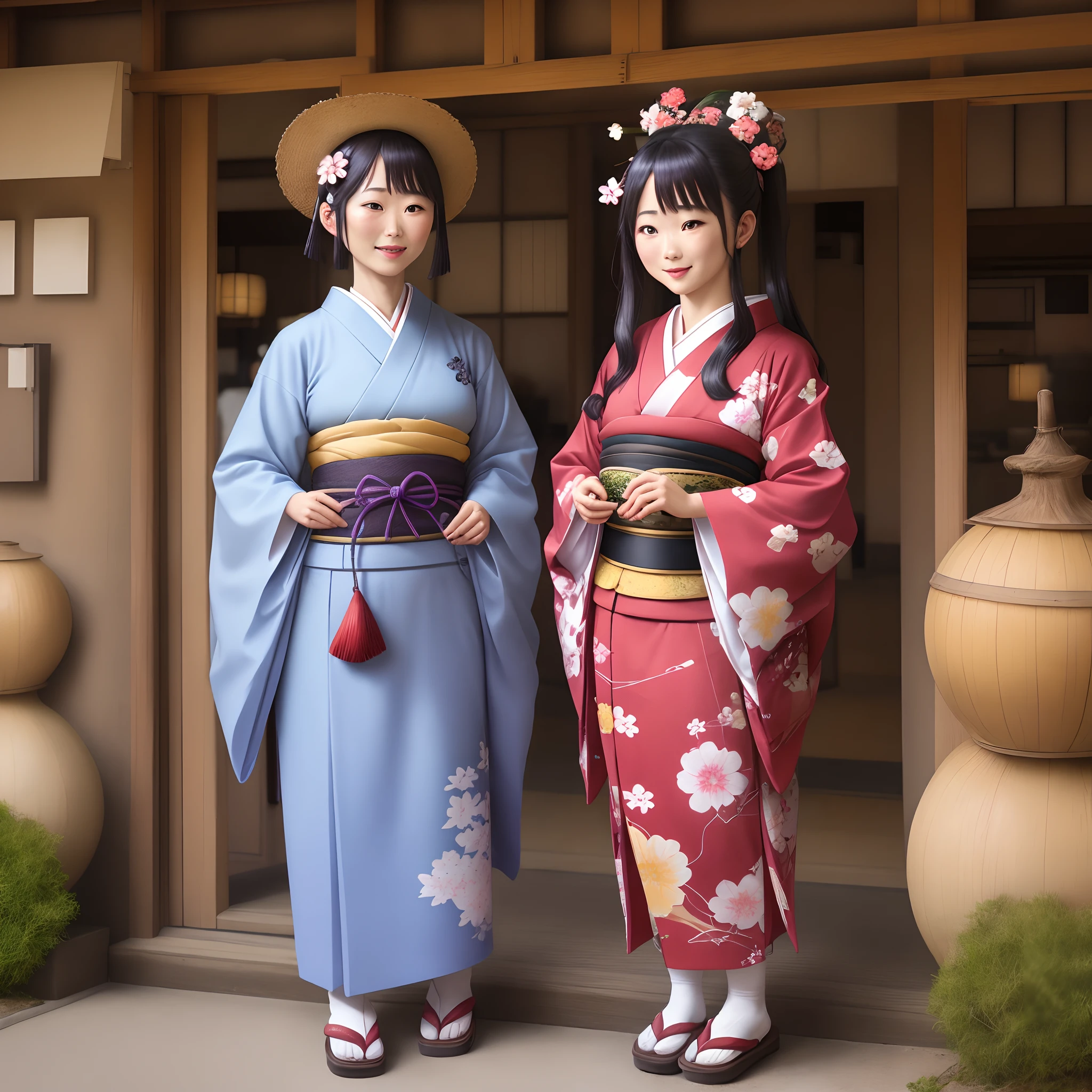 Dos mujeres en kimono están paradas afuera de un edificio. - SeaArt AI