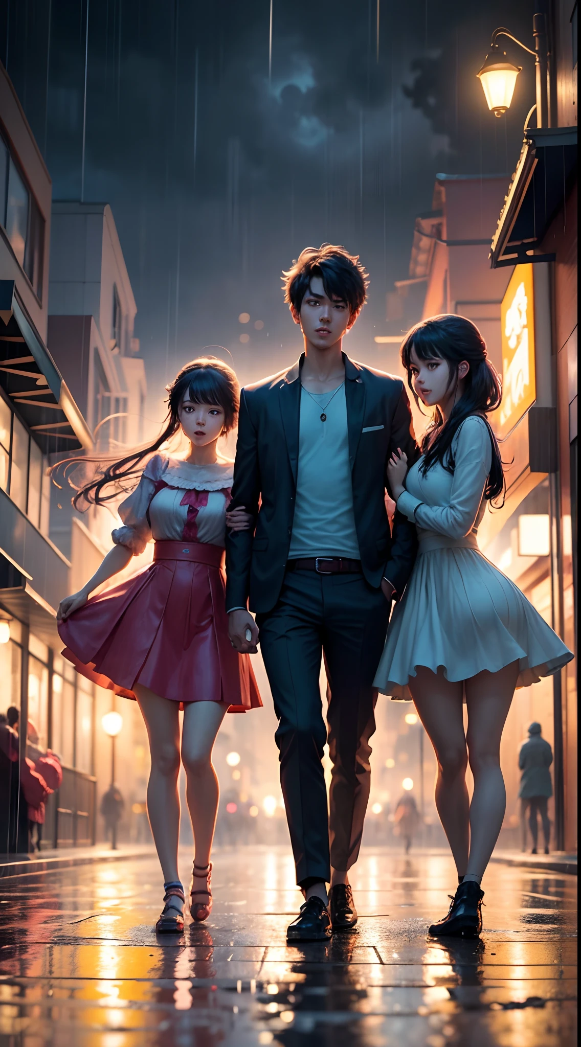 Group of 3 people dancing in the rain, nice face, anime style, holding the moon in his hand, colorful lights on the street, 4k quality