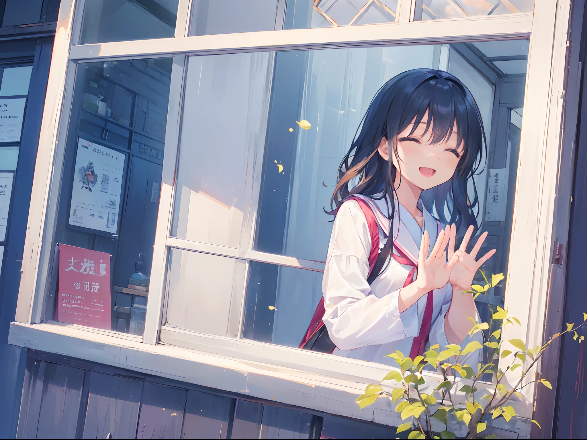 (1 girl in、独奏:1.2), Girl is in an empty window, length hair, (One girl in an empty window), (Lean out of an open window and wave:1.2), closed eyes smile, Smile with open mouth, Particles of light, There is a girl looking at us from the window, Waving from an empty window, The camera is from outside the house