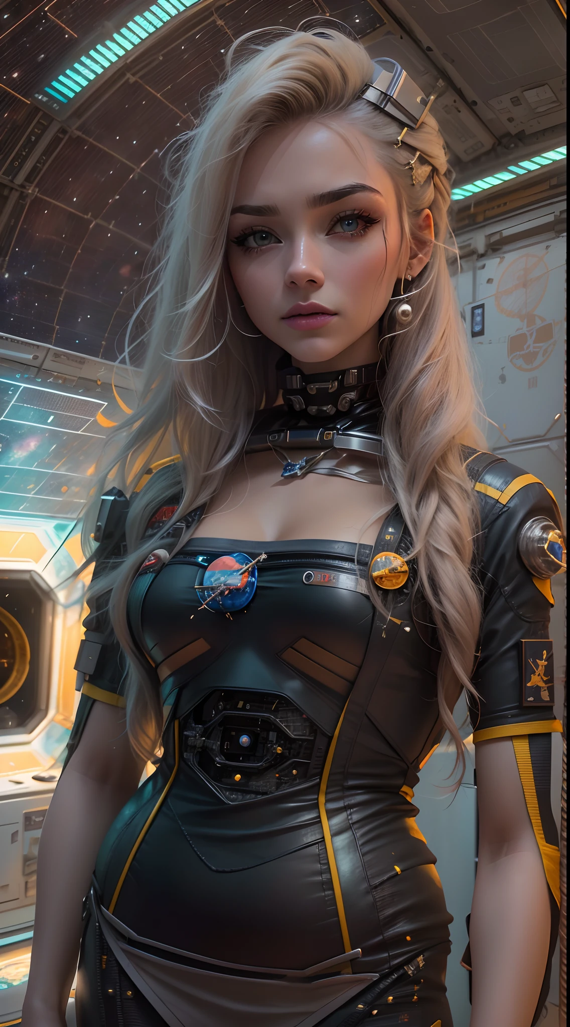 8K, 。.................................3D, realista, Fotografía ultra micro, de la más alta calidad, Super detalle CG Unity 8K,Cara perfectaChica con vestido cyberpunk amarillo , medio futurista, Mezcla de gran mancha de mariquita, Cabello rubio largo y atado,Estilo cyberpunk:1.4 ,(Estación Espacial:1.4),