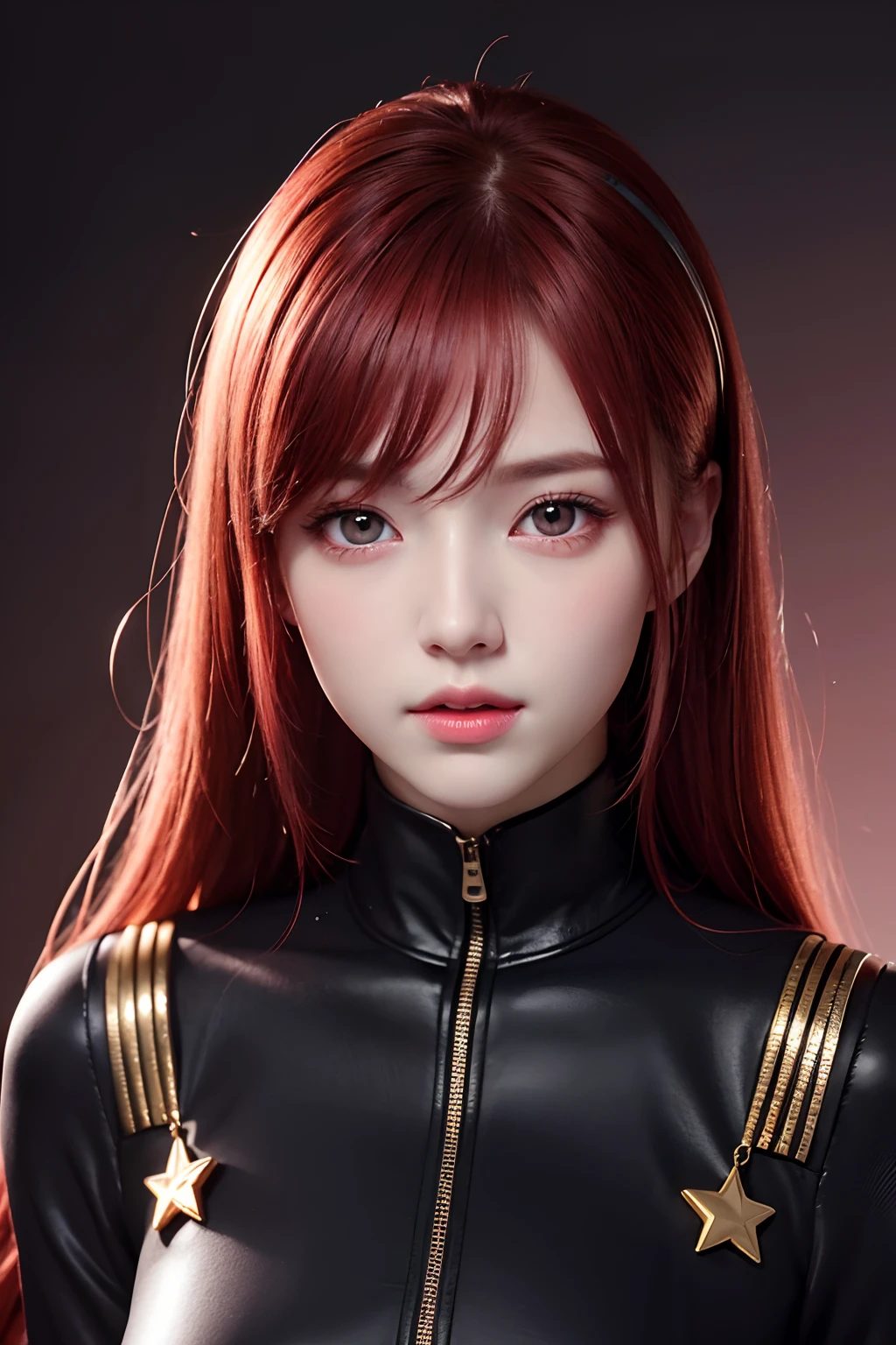1girl, star eye, blush, perfect illumination, red hair, red eyes, unreal engine, sidelighting, detailed face, bangs, bright skin, simple background, dark background, upon body,