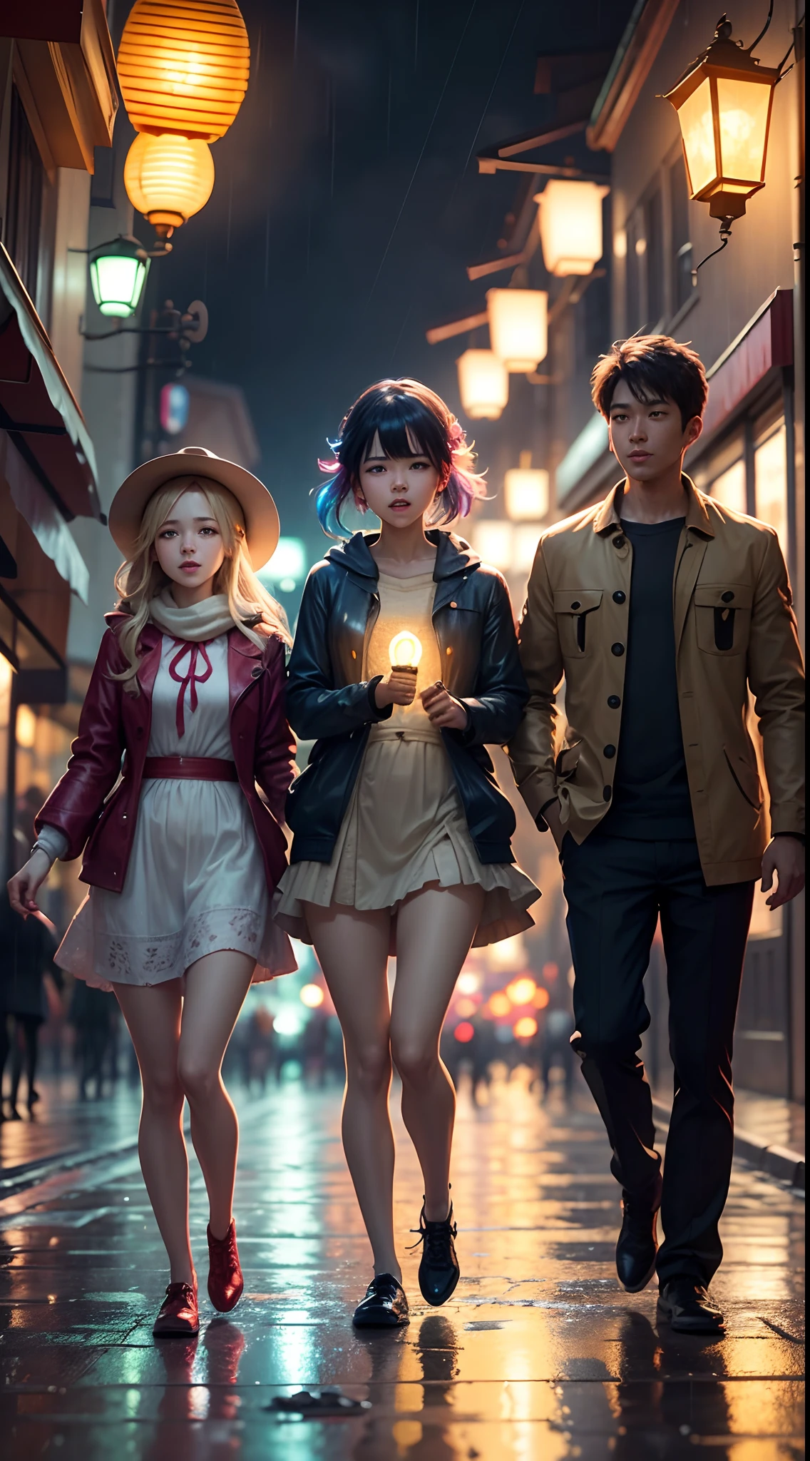 Group of 3 people dancing in the rain, nice face, anime style, holding a star-shaped lantern in his hand, colorful lights on the street, 4k quality