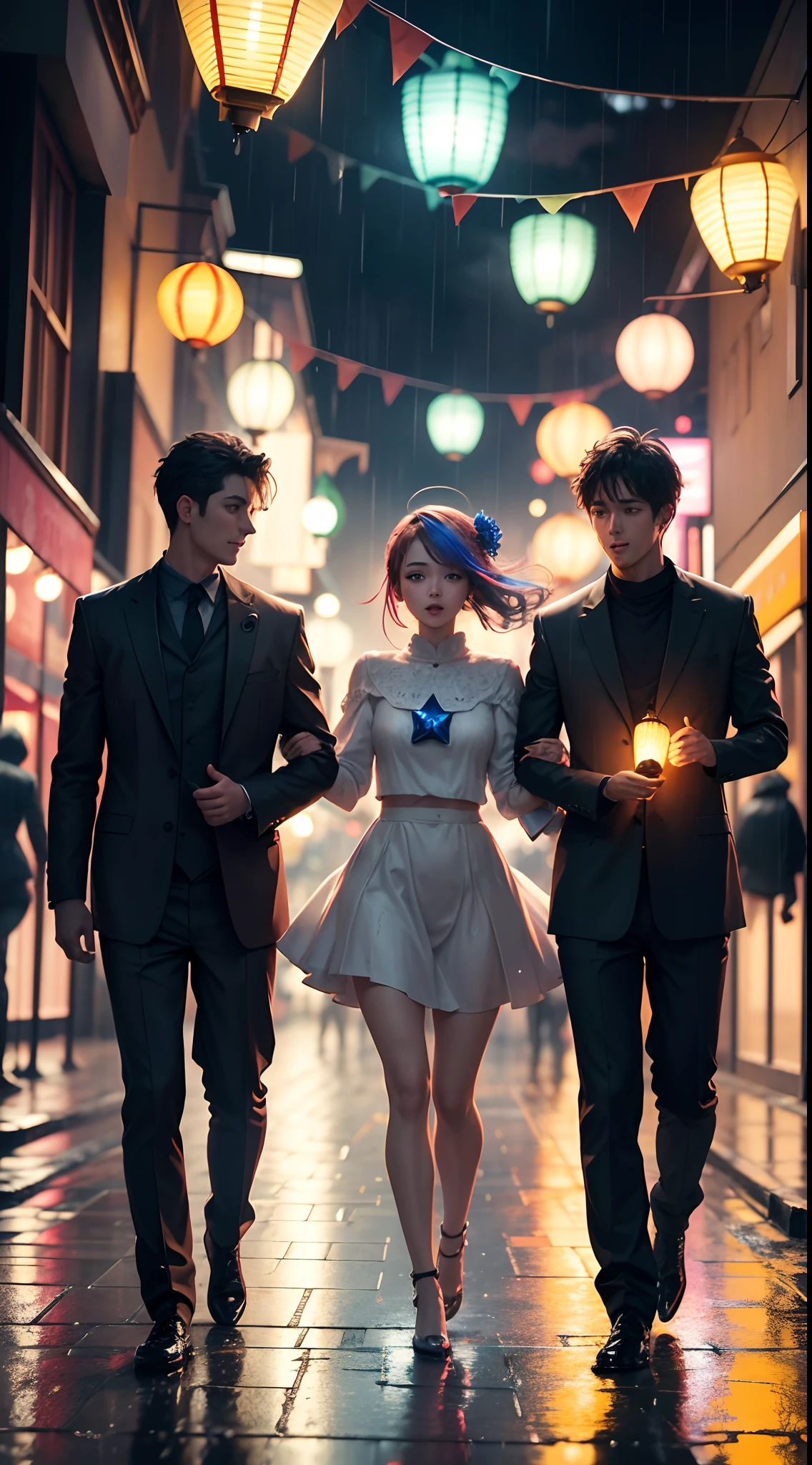 Group of 3 people dancing in the rain, nice face, anime style, holding a star-shaped lantern in his hand, colorful lights on the street, 4k quality