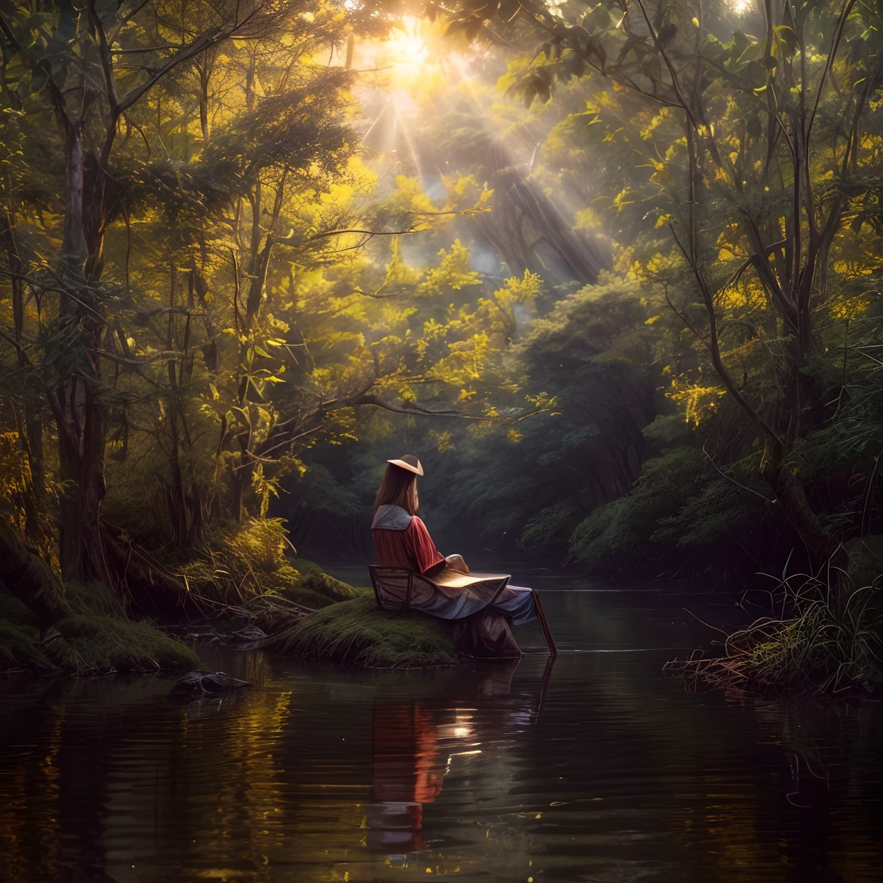 photorealistic portrait, Award Winning, best detail, absurres, Terrain images of fantasy forest at dawn (masterpiece, best detail, bestquality: 1.5) , many (Wild Tree: 1.3),  a (A wide river crosses the forest.: 1.1), Sunrise reflected in the river (masterpiece, best detail, bestquality: 1.5),  Image from Birds View, Grounding light,  bestquality, 11, [ultra-detail], masterpiece, bestquality, (ultra-detail), Full body, Ultra-wide-angle, photorealistic portrait,