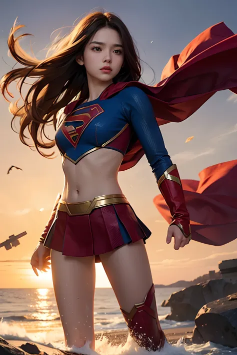 1 girl, solo, long hair, crop top, supergirl, superhero landing, half blood girl