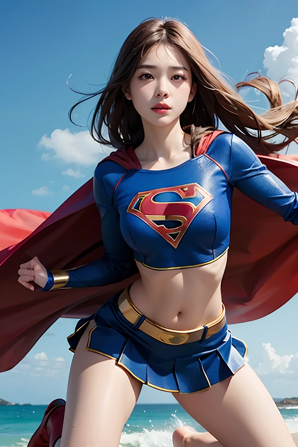 1 girl, solo, long hair, crop top, supergirl, superhero landing, korean girl