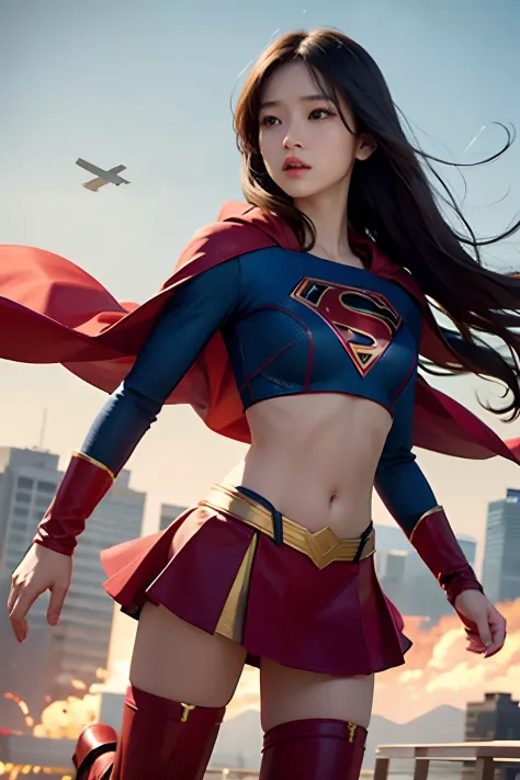 1 girl, solo, long hair, crop top, supergirl, superhero landing, korean girl