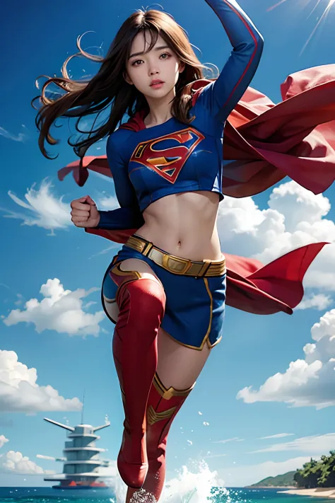 1 girl, solo, long hair, crop top, supergirl, superhero landing, korean girl