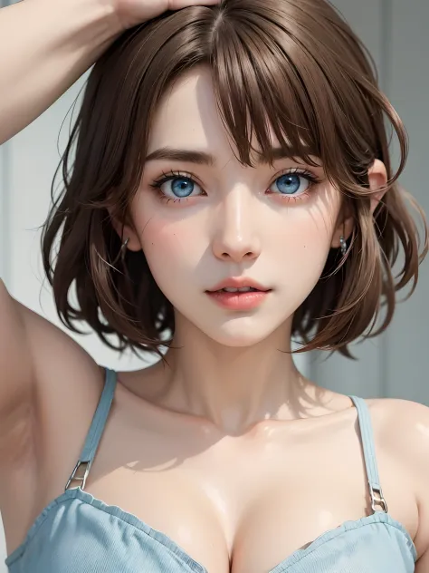 lightbrown hair、Intense crystal light blue eyes、耳Nipple Ring、Look firmly at the camera、Put your ears out、A dark-haired、Short hair、beautiful decollete、{gigantic|big|huge|mega} breasts, cleavage