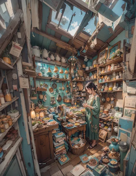 (Reflect: in great detail) A general store that looks like a small shack. Colorful miscellaneous goods are lined up in a cramped...