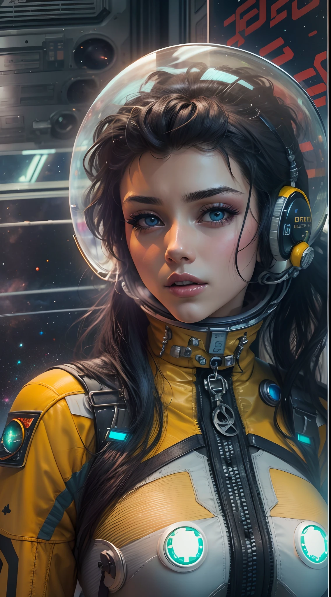 unreal engine:1.4,UHD,The best quality:1.4, photorealistic:1.4, skin texture:1.4, Masterpiece:1.8,Perfect face Girl with yellow cyberpunk dress , half futuristic, Ladybug Big Spot Mix, Long tied blonde hair,cyberpunk style:1.4 ,(Space Station:1.4),（Beautiful and detailed eye description）