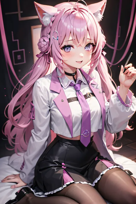 a masterpie,best qulaity,hi-res,sitting on,def1,lora:koyori-000015:1,pink tie,tights,hairornaments,lilac eyes,twintails,sorrisos