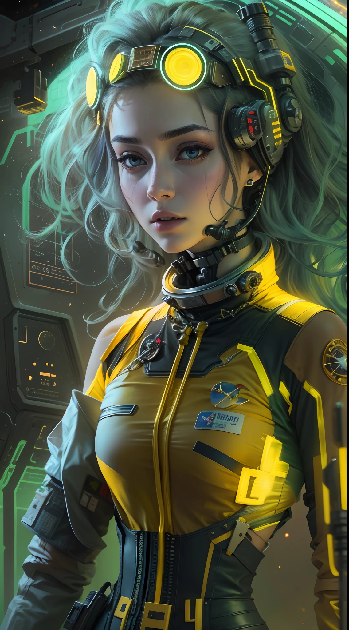 unreal engine:1.4,UHD,The best quality:1.4, photorealistic:1.4, skin texture:1.4, Masterpiece:1.8,Perfect face Girl with yellow cyberpunk dress , half futuristic, Ladybug Big Spot Mix, Long tied blonde hair,cyberpunk style:1.4 ,(Space Station:1.4),（Beautiful and detailed eye description）