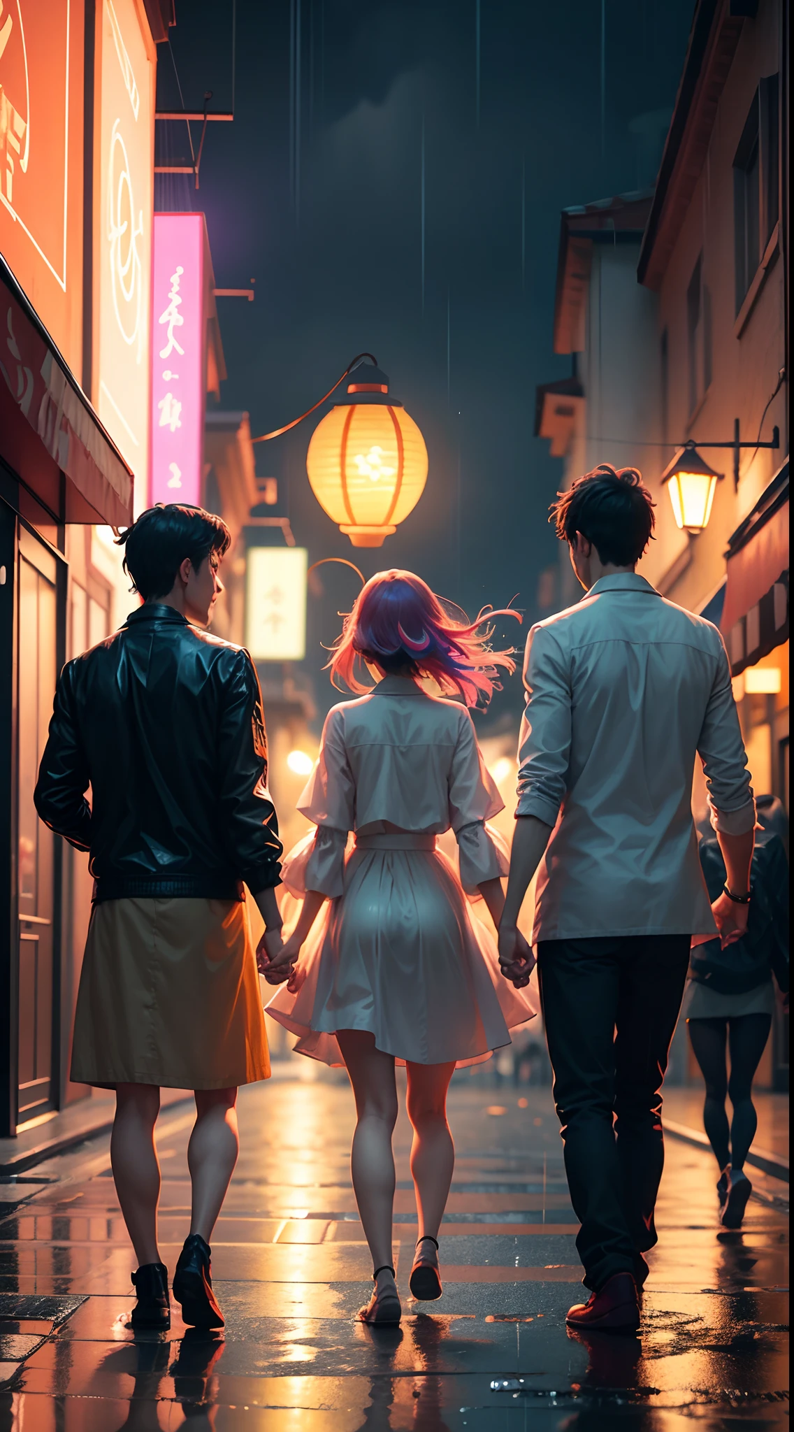 Group of 3 people dancing in the rain, nice face, anime style, holding a big star-shaped lantern in his hand, colorful lights on the street, 4k quality