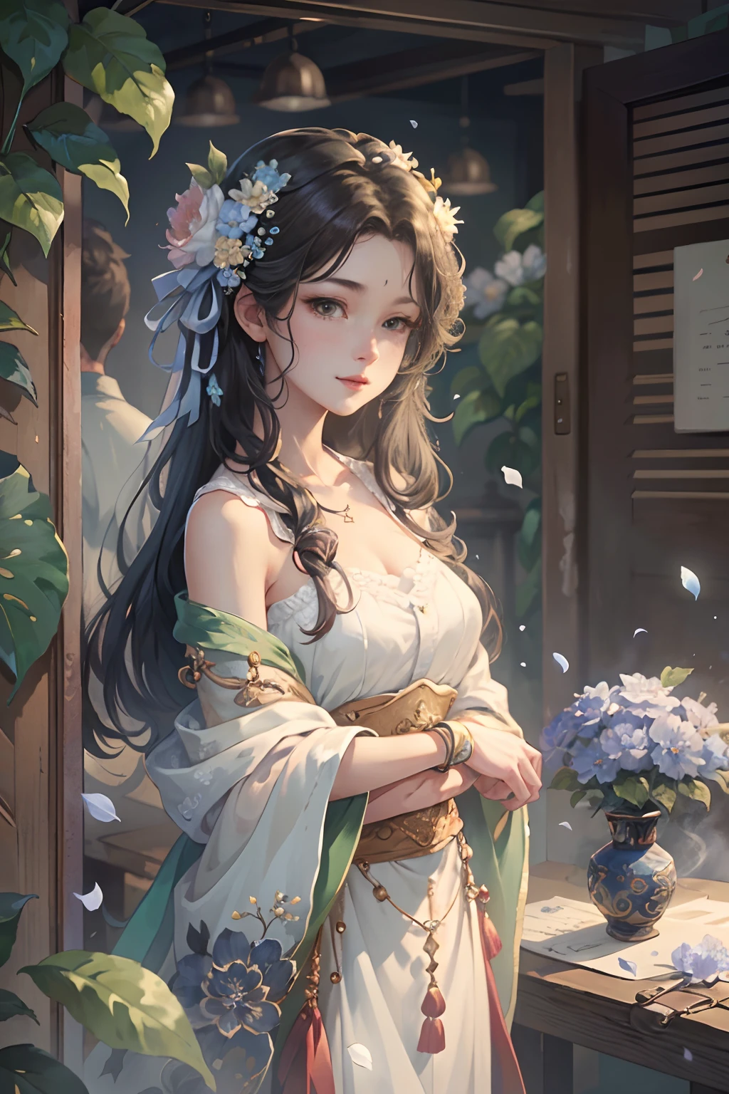 Original，（illustratio：1.1），（best qualtiy），（tmasterpiece：1.1），（the Extremely Detailed CG Unity 8K Wallpapers），（a color：1.2），jasmine flowers，Jasmine petals，scenecy，rios|Wagas，