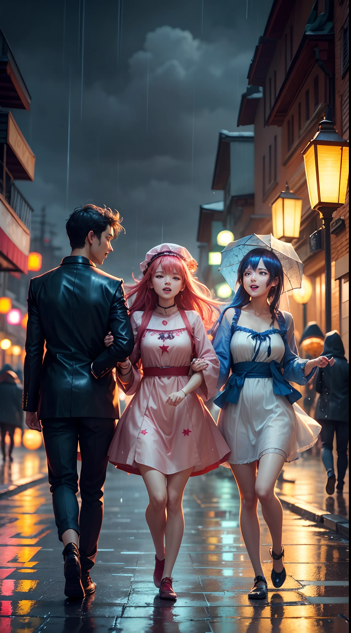 Group of 3 people dancing in the rain, nice face, anime style, Each person holds a large star-shaped lantern in their hand, colorful lights on the street, 4k quality