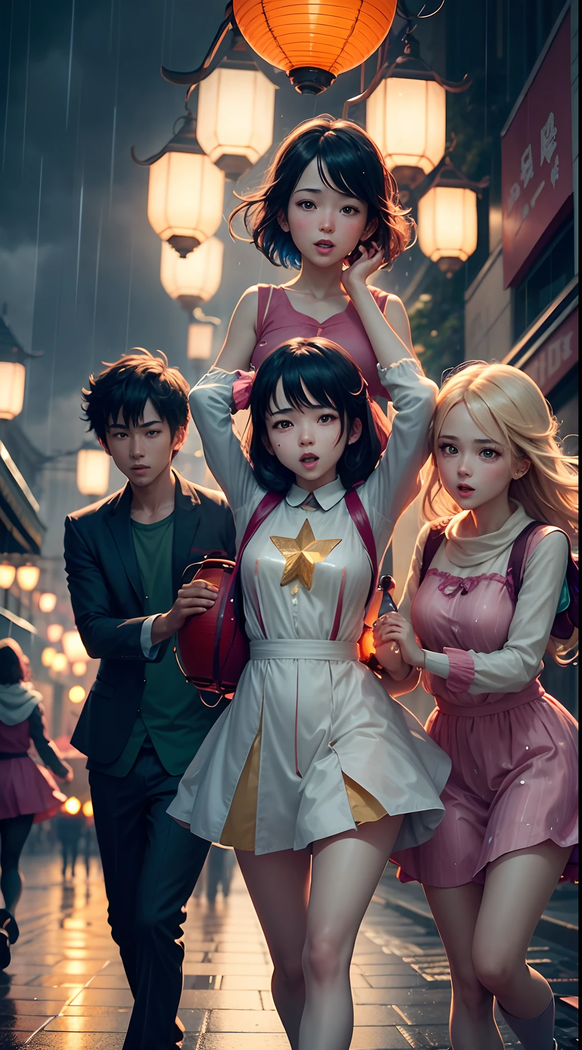 Group of 3 people dancing in the rain, nice face, anime style, Each person holds a large star-shaped lantern in their hand, colorful lights on the street, 4k quality