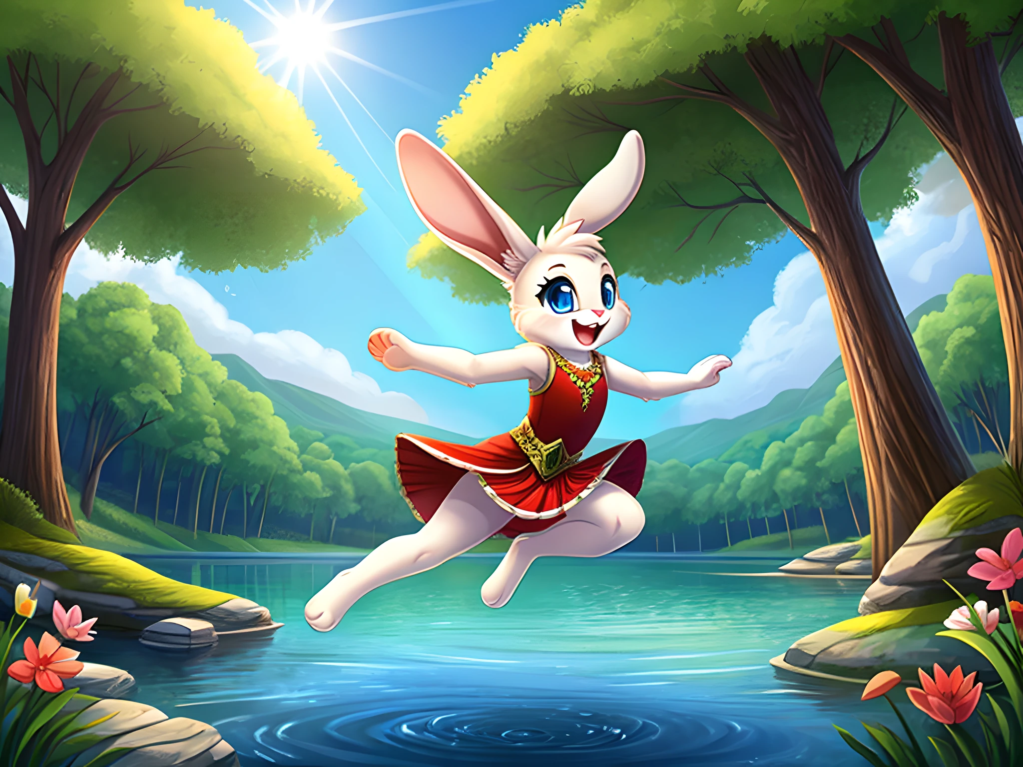 zoomed out image, fantasy style art, cute, adorable, short, tiny, little fluffy female white bunny with blue eyes, 2 extra ears, 4 ears, big floppy ears, long ears, ears perked up, raised ears, long eyelashes, poofy rabbit tail, smiling, jumping into a lake in a forest, cannonball, wearing a red frilly dress, big expressive smile, open mouth, wide eyes, excited eyes, excited face, stunning visuals, sunlight coming through the trees, digital illustration