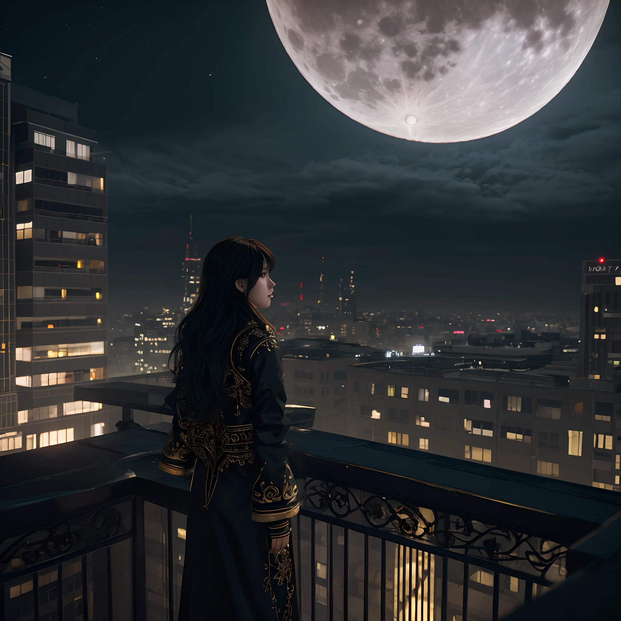 a photo of 8k ultra realistic beautiful sad girl standing on top of building, watching the city burn , full moon night , full city visible , intricate red and light cloudy yellow , ornate, cinematic lighting, trending on artstation, 4k, hyperrealistic, focused, high details, unreal engine 5, cinematic --ar 9:16:: --v 4:: --v 4