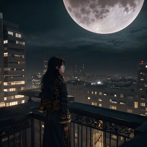 a photo of 8k ultra realistic beautiful sad girl standing on top of building, watching the city burn , full moon night , full ci...