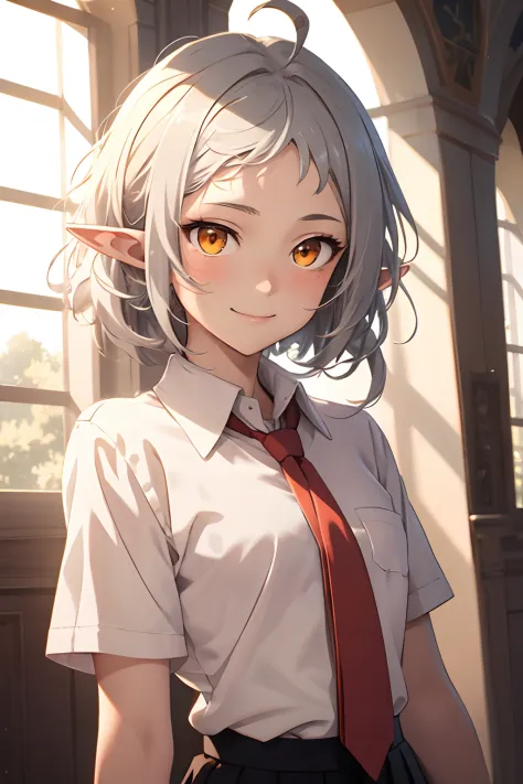Sylphiette, anime style beautiful woman, light smile, silver hair, 18 years old, orange eyes, elf ears, ahoge, androgynous, scho...