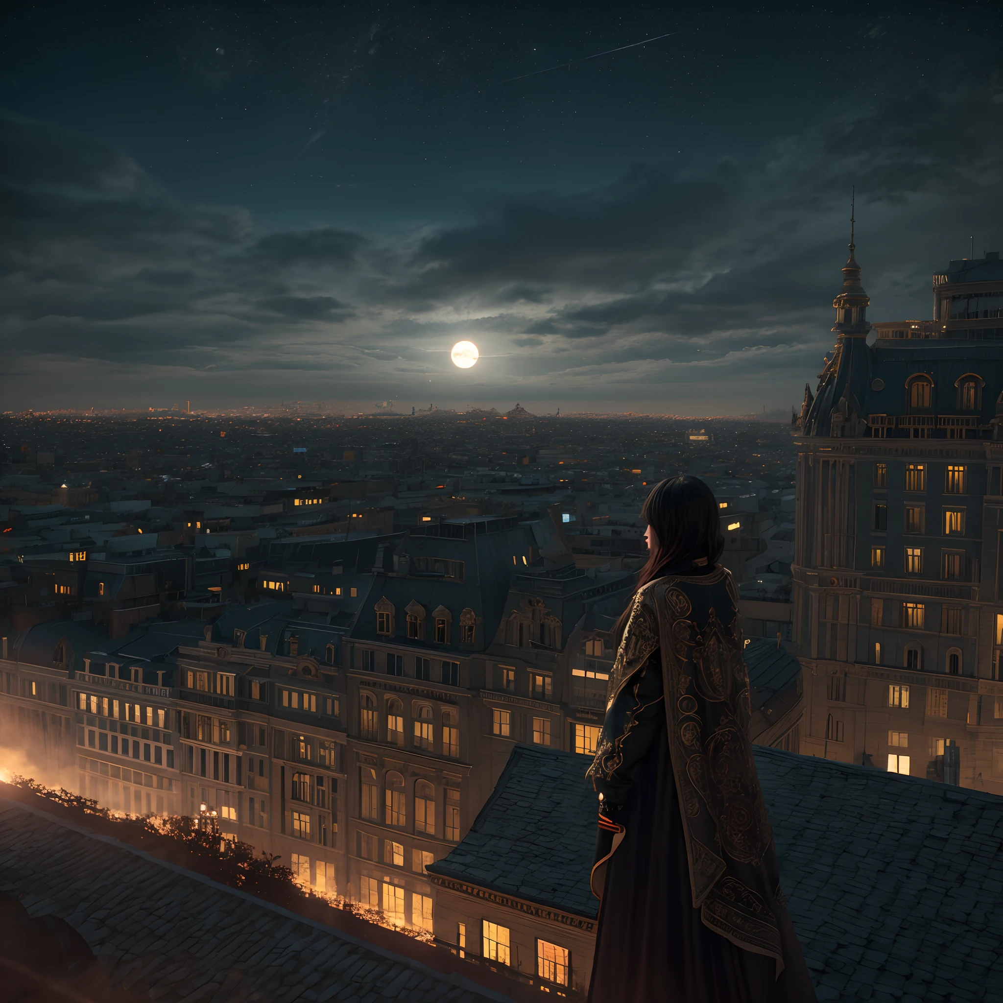 a photo of 8k ultra realistic beautiful sad girl standing on top of building, watching the city burn , full moon night , full city visible , intricate red and light cloudy yellow , ornate, cinematic lighting, trending on artstation, 4k, hyperrealistic, focused, high details, unreal engine 5, cinematic --ar 9:16:: --v 4:: --v 4