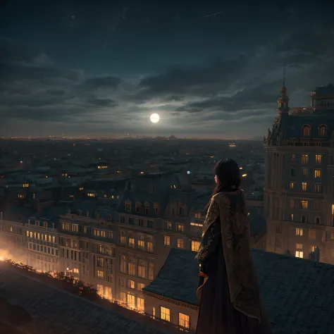 a photo of 8k ultra realistic beautiful sad girl standing on top of building, watching the city burn , full moon night , full ci...