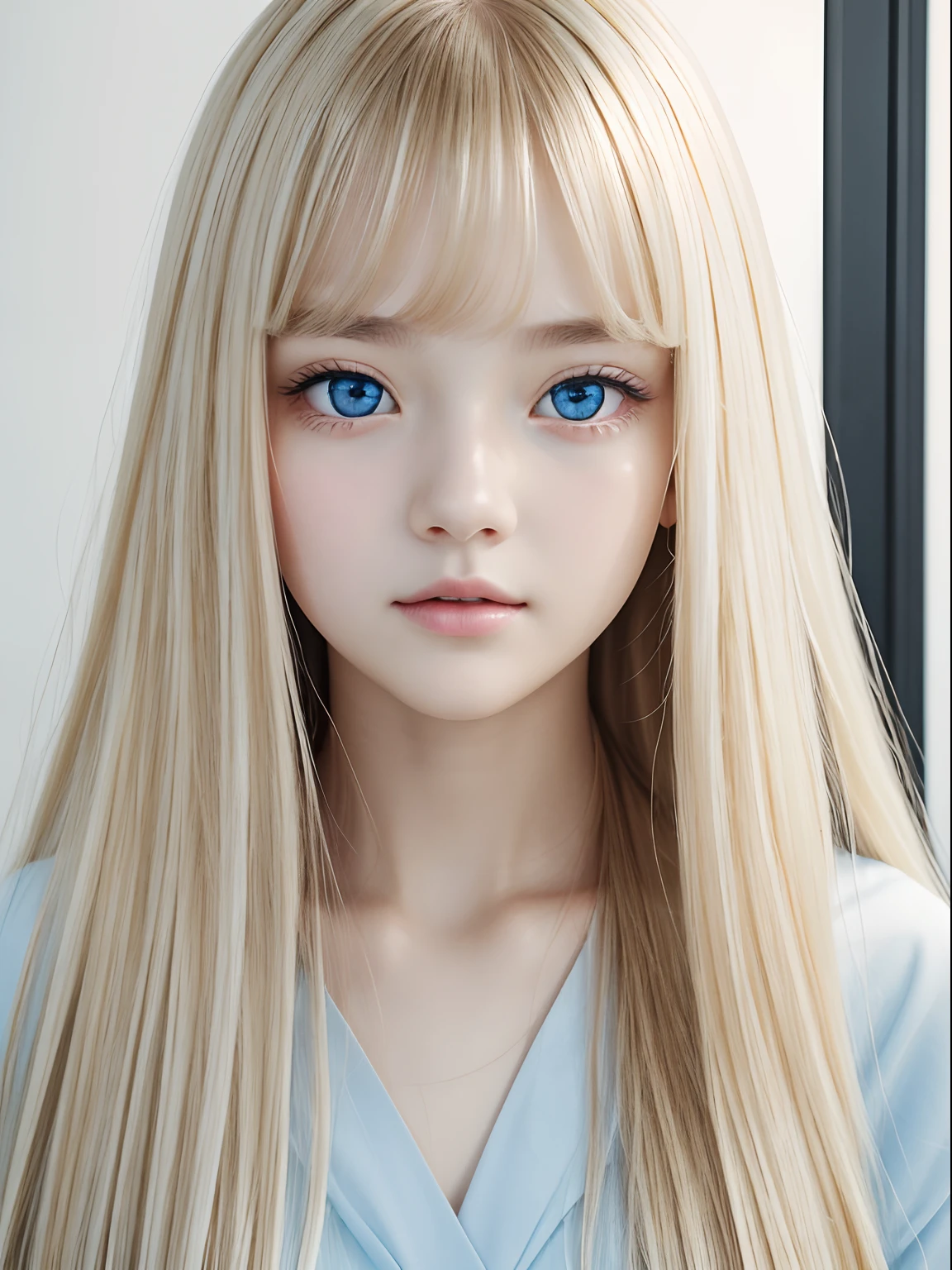 1girl in,  Portrait, Oil Painting, Modern, The most beautiful girl in the world at 14 years old、Realistic proportions、lush lips、The eyes are a very beautiful pale blue.......、clear double eyelids、Dazzling blonde hair shines a beautiful golden color、Super long straight hair、shiny bangs、disheveled bangs hanging on the face,,,,,、Pure white beautiful skin、Cheek luster、Beautiful face、Round face、bright expression、Juvenile look、Symmetrical face, Symmetrical eyes, Dynamic Pose, Convoluted, Intricate details, Sharp Focus