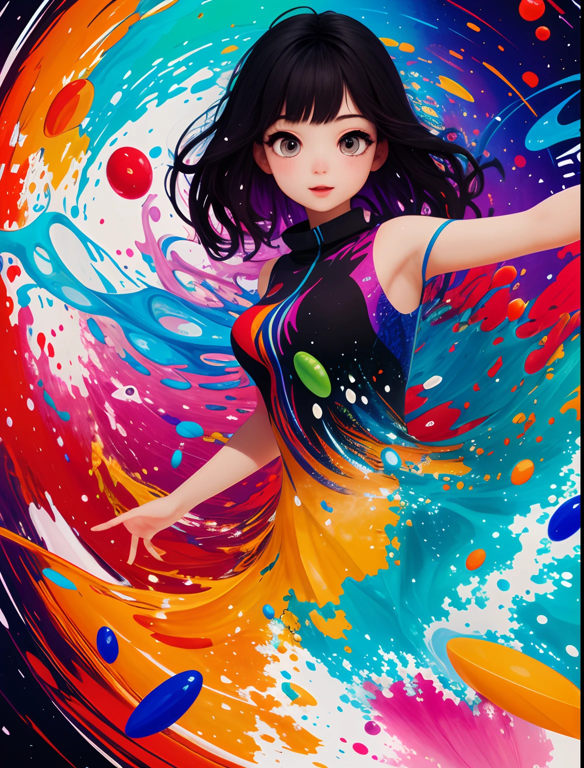 Masterpiece, Best Quality, 1Girl,  upper half body, splashing, Abstract, Psychedelic, Sy3, BAPV