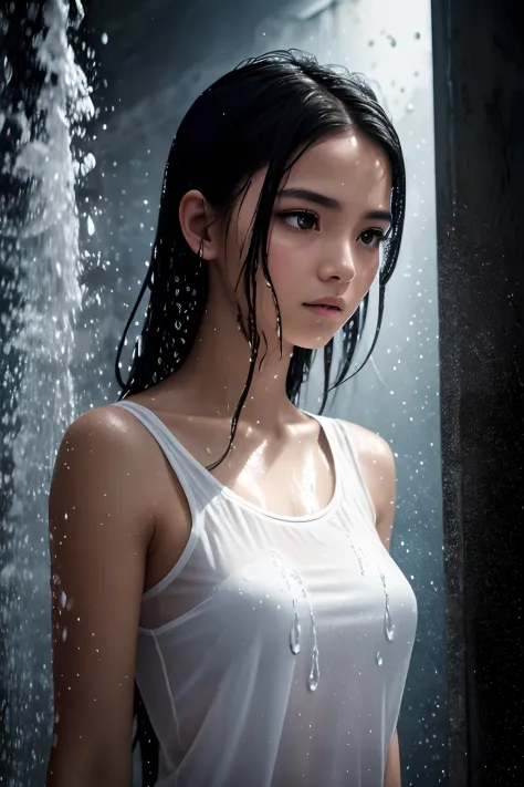 A Photograph capturing an xxmixgirl, drenched in water, clad in a white t-shirt. Intricately detailed water droplets cling to he...