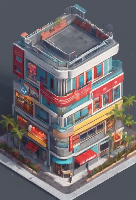 Isometric, overlooking 45 degrees, SLG game building, single building, ktv nightclub, gray background, concept art, Octane rendering