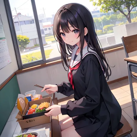 女の子1人、Dark hair、Black eyes、校服、Schools、‎Classroom、classmate、A smile、laught、Daytime、suns、desk work、lunchtime、Bento box、chopsticks、...