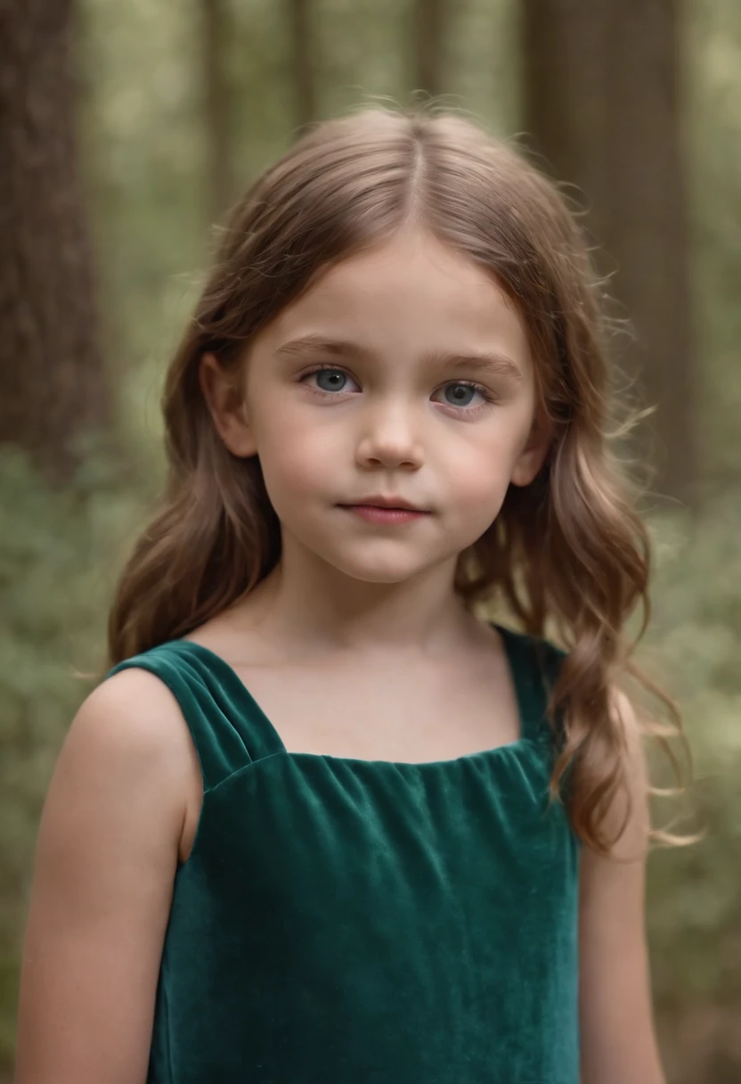 A 8 year old daughter with dark blonde hair and ice blue years wearing a dark green velvet dress