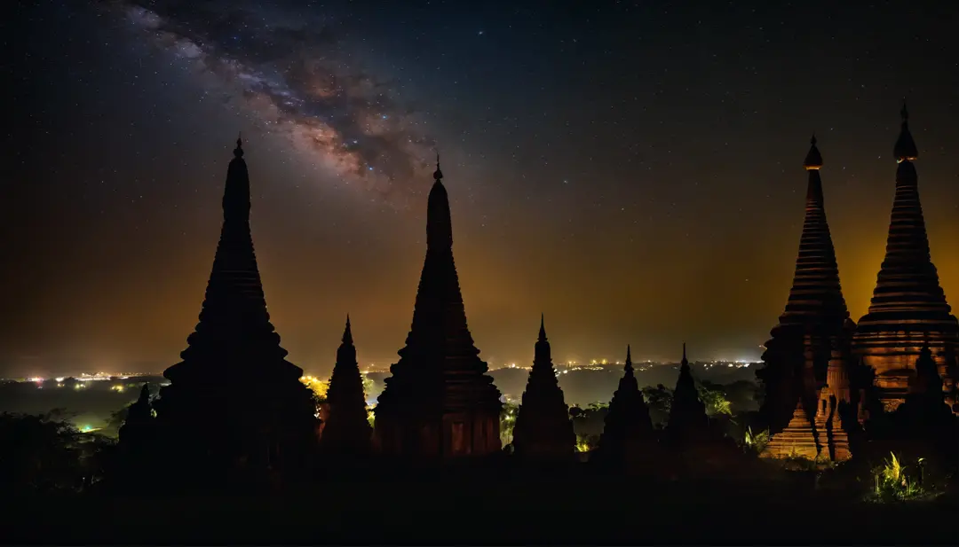 A night scene of Pagan Pagodas of Myanmar,, stary night, milky way in the sky, best composition, hyper detailed, masterpiece art work, long view, silhouette of pagodas , at night.soft light.