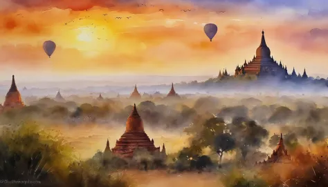Bagan pagodas of Burma at sunset, best composition, masterpiece art work, long view, panorama view.