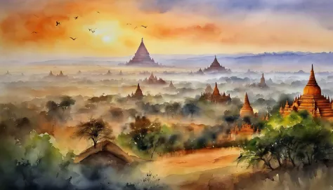 Bagan pagodas of Burma at sunset, best composition, masterpiece art work, long view, panorama view.