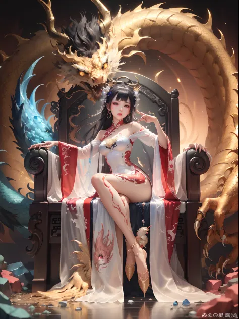 A Chinese girl sitting on a throne, a throne encrusted with precious stones, surrounded by Chinese phoenix beasts, gold and ruby...